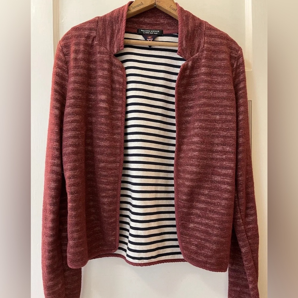 ☀️ MAISON SCOTCH & SODA Red Burgundy Metallic Cardigan Jersey Jacket Sz 3 US 12